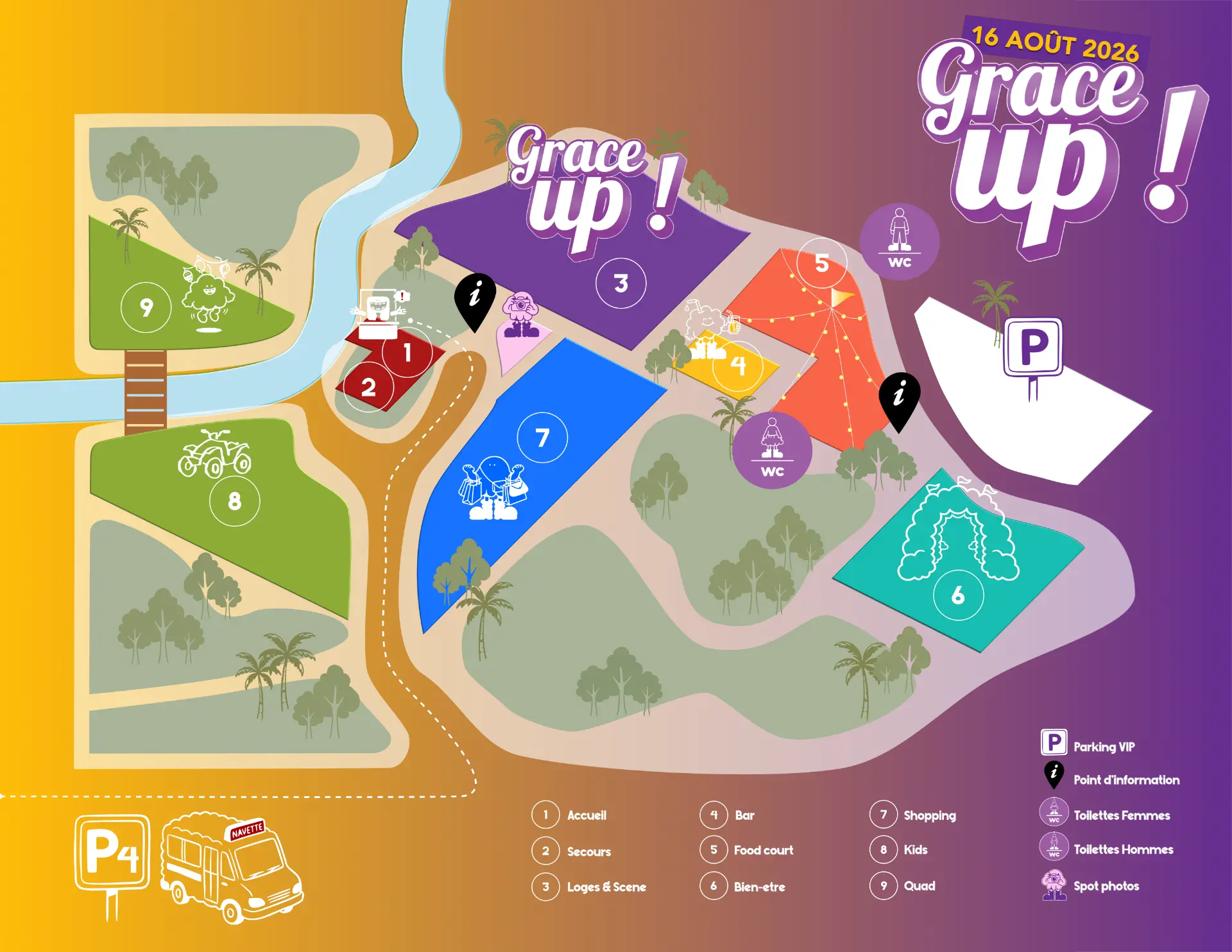 Plan du site Grace Up 2026 : accueil, secours, loges et scène, bar, food court, bien-être, shopping, kids, quad, toilettes, points d'information et parkings